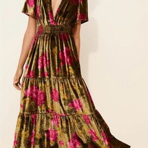 Anthropologie The Somerset Pink and Olive Velvet Maxi Dress